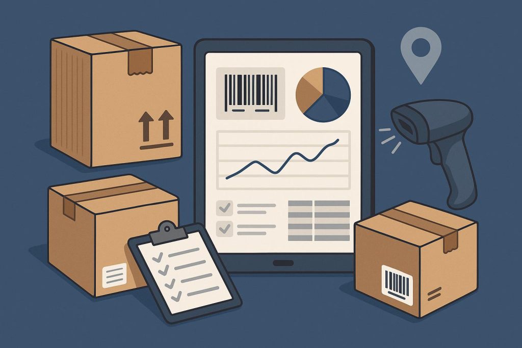 Inventory tracking dashboard showing charts, barcodes, and stock levels for efficient management