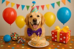 Happy dog wearing a party hat surrounded by birthday treats and colorful decorations