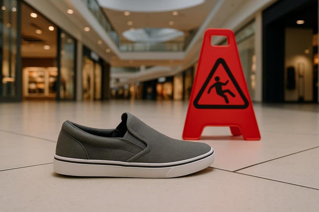 What to Do After Getting Hurt at a Mall Injured shopper sitting on mall floor near escalator holding their ankle in pain