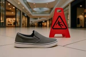 Injured shopper sitting on mall floor near escalator holding their ankle in pain