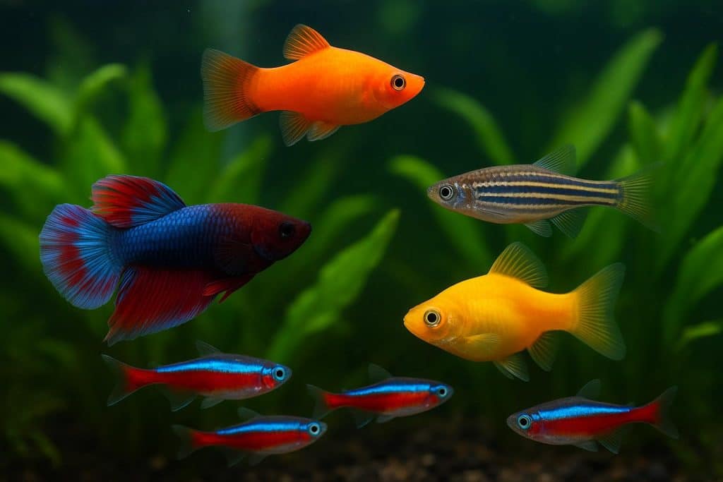 Best Beginner-Friendly Fish for Your Aquarium Colorful beginner-friendly aquarium fish swimming among green aquatic plants in a home tank