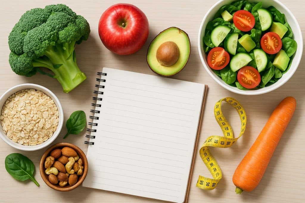 Assorted fresh fruits, vegetables, and whole grains arranged on a kitchen counter for healthy eating