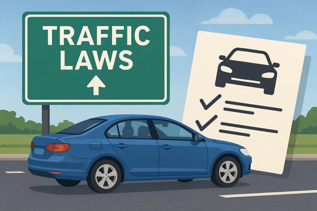 Car insurance policy document and traffic signs highlighting law changes affecting coverage