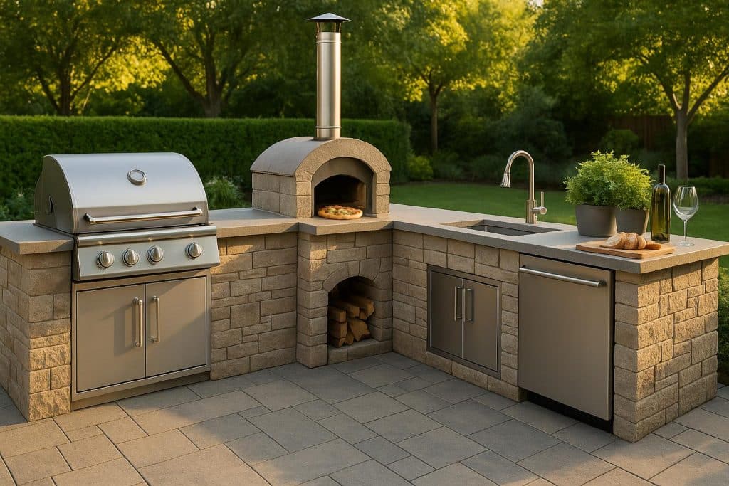 Modern outdoor kitchen with stainless steel appliances, built-in grill, and spacious dining area
