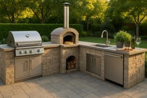 Modern outdoor kitchen with stainless steel appliances, built-in grill, and spacious dining area