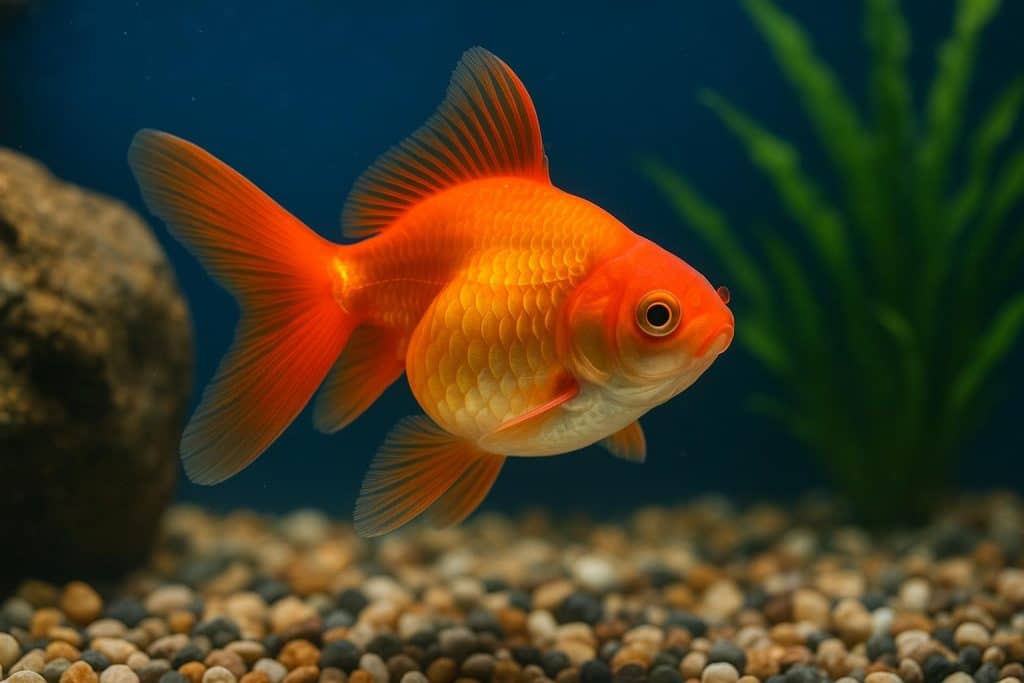 Colorful goldfish swimming in a clean aquarium with plants, illustrating proper goldfish care tips