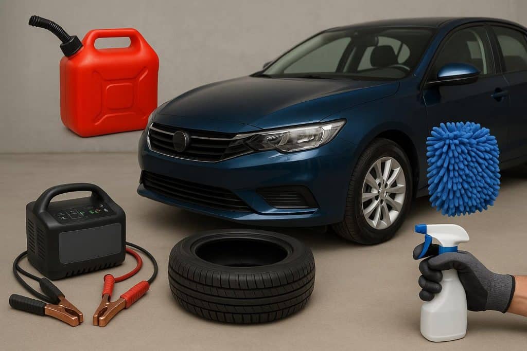 Car maintenance tools and cleaning supplies arranged beside a well-kept vehicle