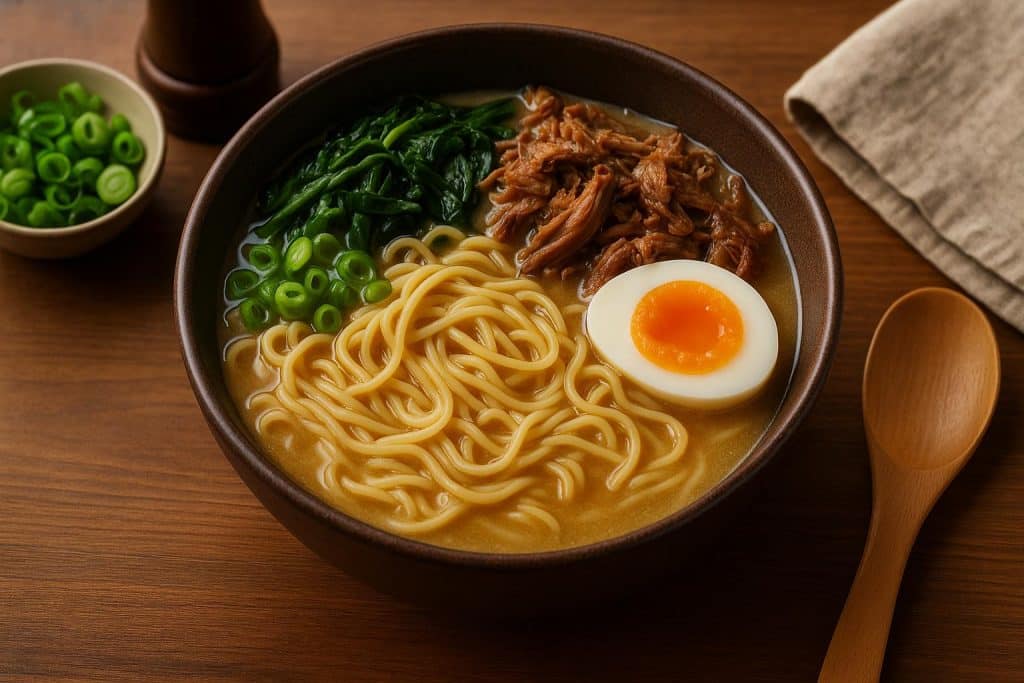 How to Cook Comfort Food ‘Spamen’ at Home Your Own Way Bowl of homemade ramen noodles with sliced spam, vegetables, and savory broth