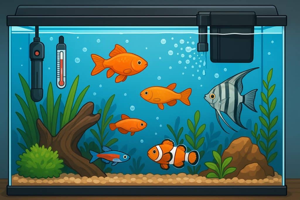Colorful freshwater aquarium with beginner-friendly fish and vibrant aquatic plants