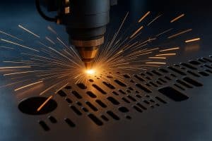 Laser cutting machine precisely shaping metal sheet in modern fabrication workshop.