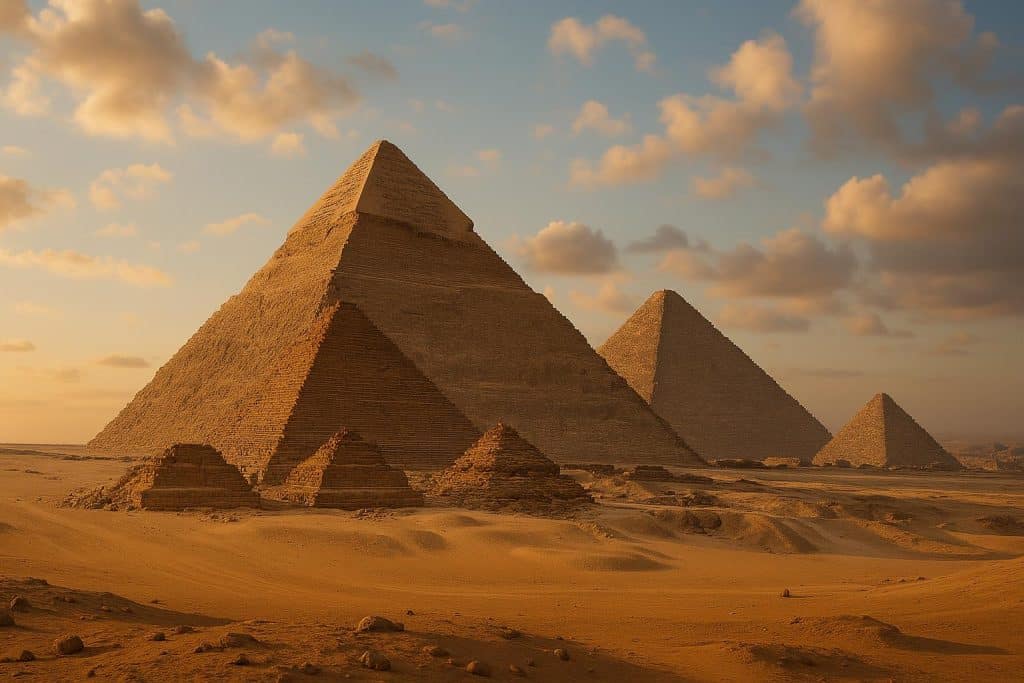 Shao Hong: The Pyramids of Ancient Egypt Explained Great Pyramid of Giza under blue sky with desert foreground, highlighting ancient Egyptian architecture