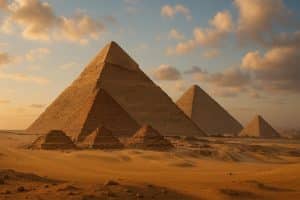 Great Pyramid of Giza under blue sky with desert foreground, highlighting ancient Egyptian architecture