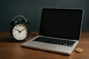 Older MacBook on desk with price tag, illustrating ideal timing to sell before value decreases