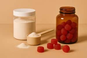 Chewable vitamin supplements in colorful tablets arranged on a table next to powder supplement containers
