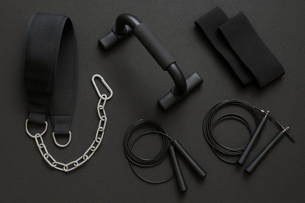 4 Best Calisthenics Accessories for Budding Enthusiasts Calisthenics accessories including resistance bands, pull-up bar, parallettes, and gymnastic rings