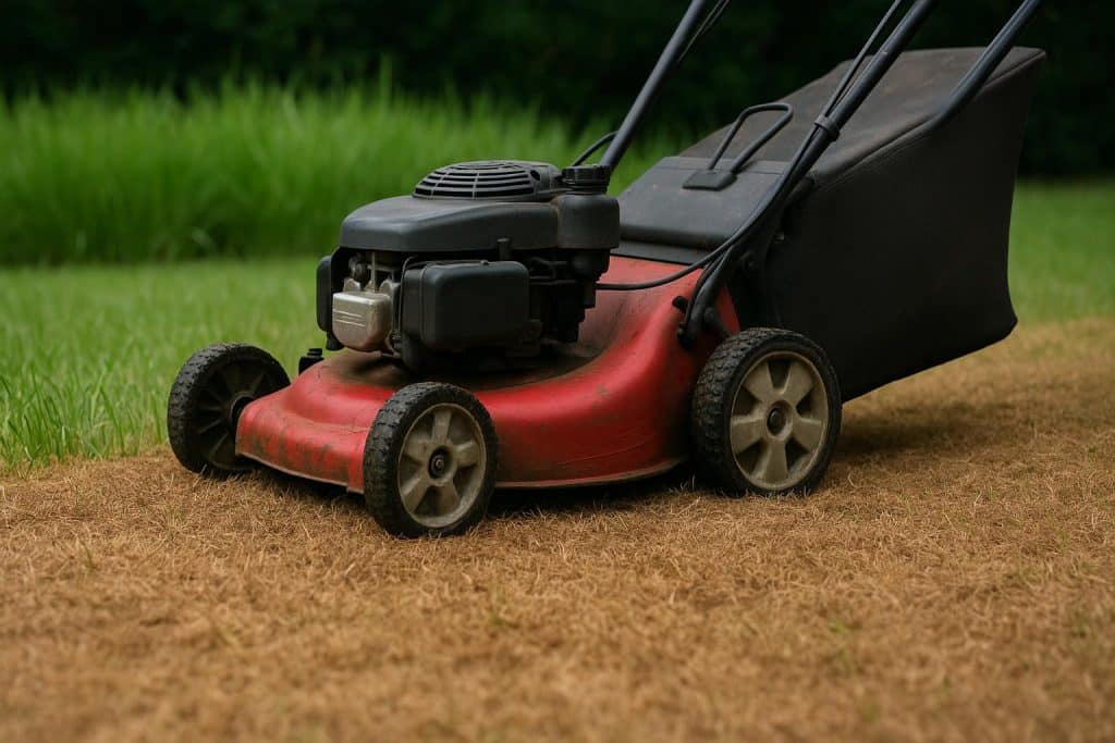 Why Your Lawn Looks Brown After Mowing — and What Your Mower Could Be Telling You Close-up of a brown, freshly mowed lawn with visible mower tracks and grass blades.