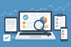 User interface design analysis with usability testing tools and charts illustrating company rankings