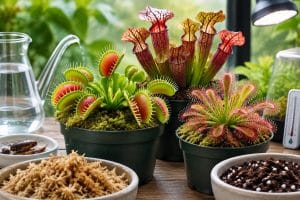 Various carnivorous plants in pots displaying healthy growth and vibrant foliage indoors